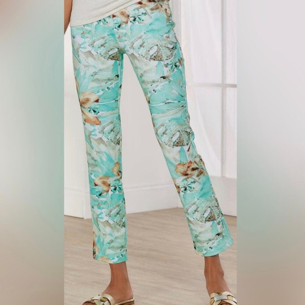 Soft Surroundings Floral Ponte Pant Women Petite XL Paloma Green Pull On Stretch
